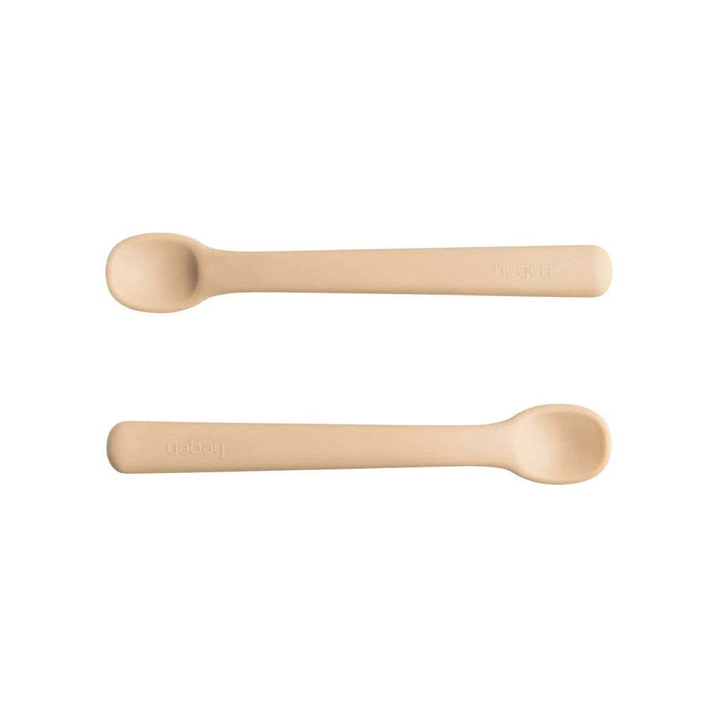 Two Hegen silicone infant spoons in taupe