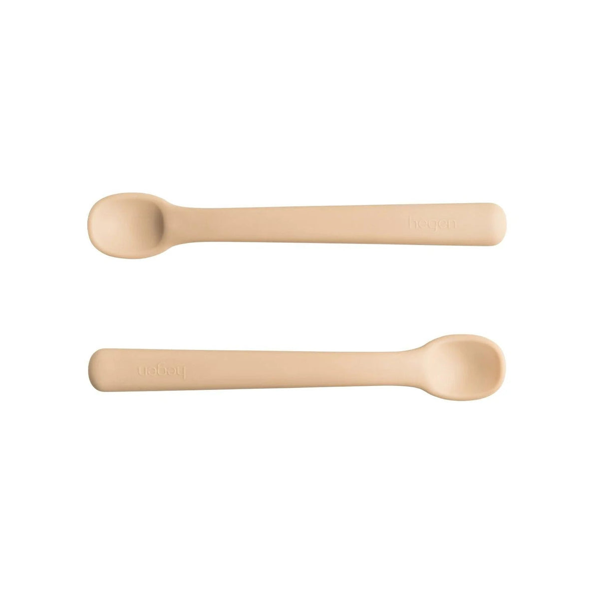 Two Hegen silicone infant spoons in taupe