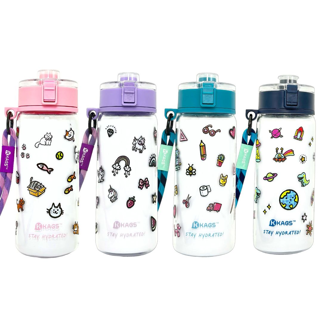 KAGS AquaRecharge 600ml Tritan water bottle, cartoon series, with crossbody strap